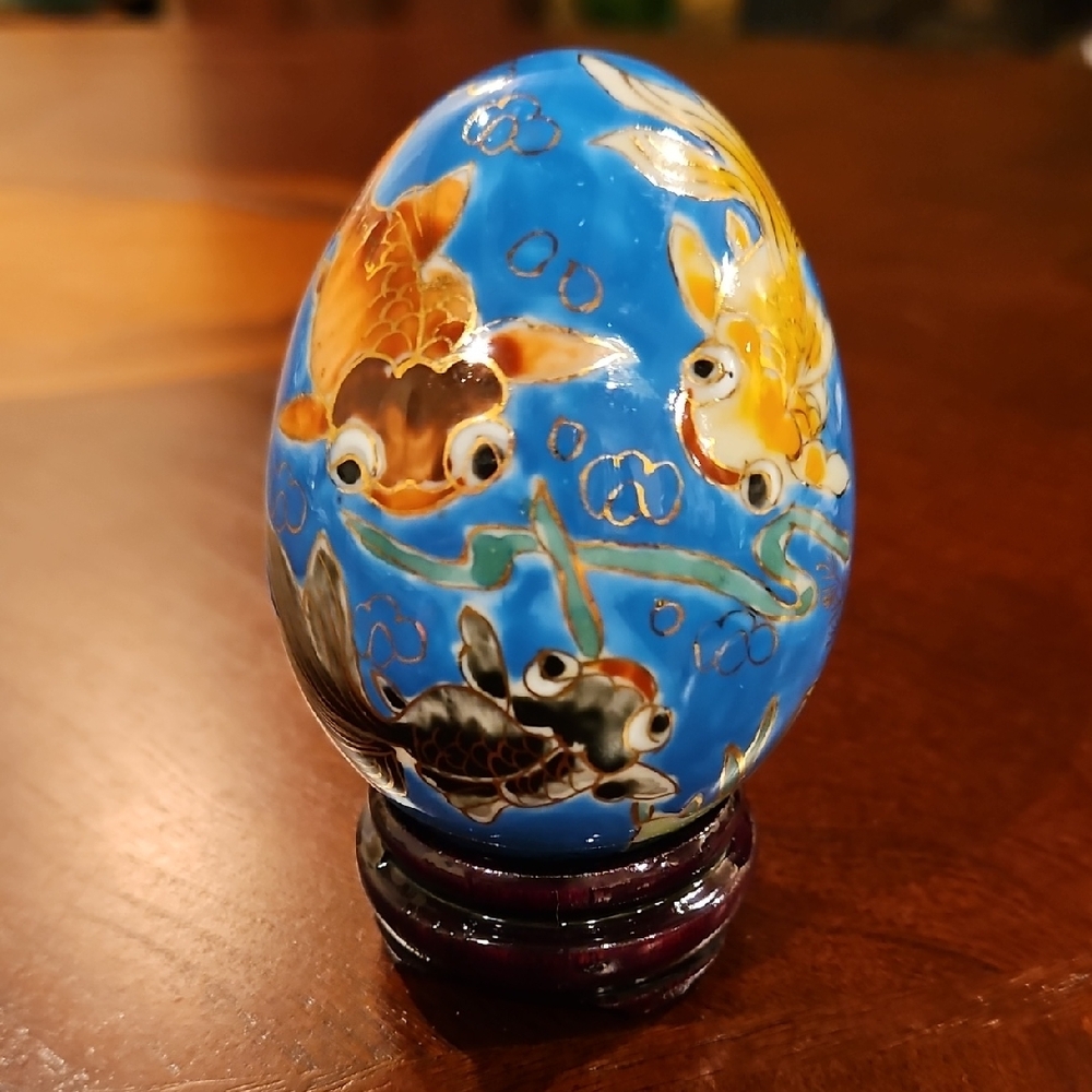 Satsuma Hand Painted Porcelain Koi Fish Egg with Wooden Stand